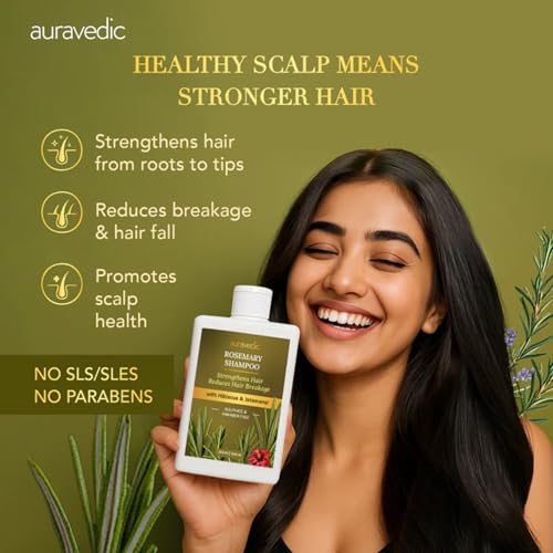 Image of Auravedic Rosemary Shampoo For Hair Growth 300ML Anti Hair Fall Shampoo For Women Men Rosemary Oil For Hairfall with Hibiscus Peppermint Leaf Menthol Ginger Moringa Jatamansi & Tea Tree Oil