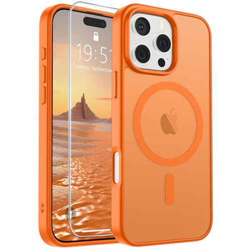 Image of SUPFINE Magnetic for iPhone 16 Pro Case with Screen Protector (Compatible with MagSafe) (Military Grade Drop Protection) Translucent Matte Shockproof Phone Cover,Starry Orange