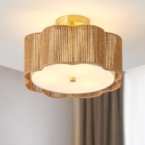 OCWHT Boho Chandelier Rattan Ceiling Light Fixtures Boho Lap Shade Flush Ount Ceiling Light - View #6
