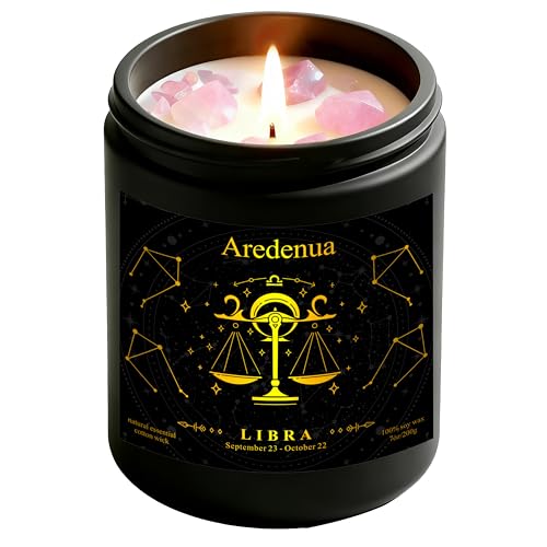 Image of Libra Zodiac Candles with Rose Quartz Crystals, Warm Cozy Scent | Astrology Libra Birthday Gifts for Women Men, Black Gift Box, 7 oz Soy Candle, 50 Hour Burn Time, Black Jar