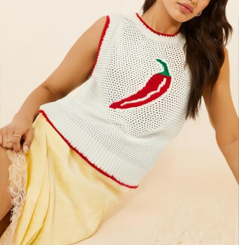 Image of Women Graphic Sweater Vest Y2k Sleeveless Lobster Pullover Top Crew Neck Lightweight Fall Knit Tank Top