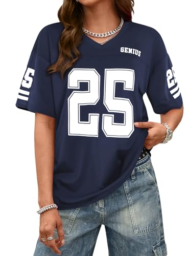 Image of LovelyWholesale Women's Oversized V Neck Jersey Shirts Summer Football Graphic Tee