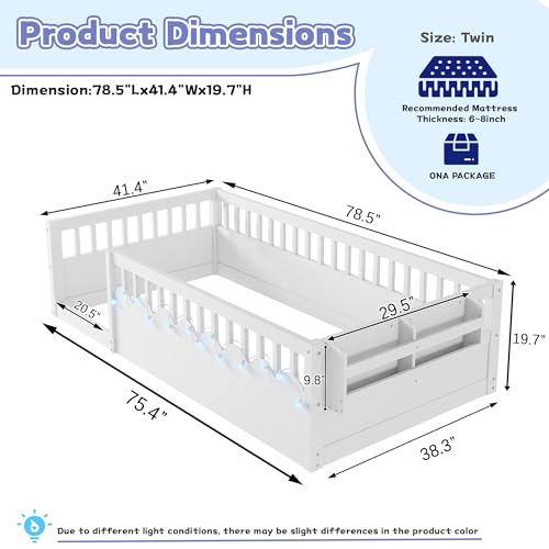 Twin Size Montesori Floor Bed for Kids, Floor Bed with High Fence Railings, Wood Playhouse Beds with Rails for Baby Boys Girls Teens, No Slats Included, White