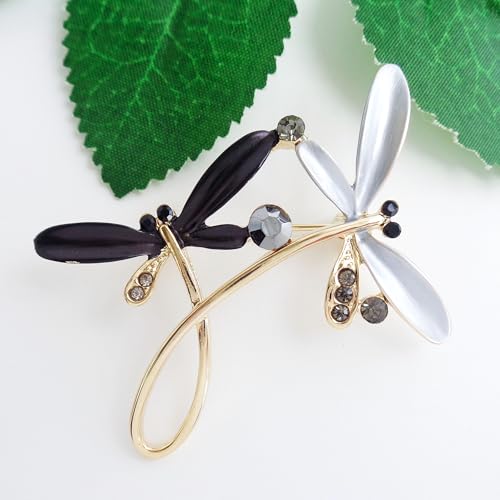 Image of Navachi 18k Gold Plated Multicolor Enamel White Crystal Double Dragonfly Wings Brooch Pins