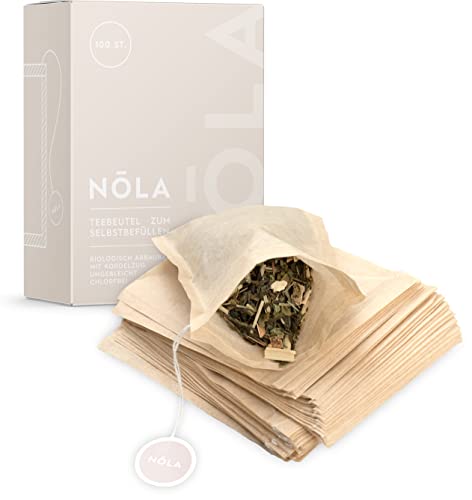 NOLA Einweg Teebeutel für losen Tee (100 Stück) - biologisch abbaubar & recyclebar - mit Kordelzug - 9,5 x 8 cm - auch für Teekannen geeignet, Braun