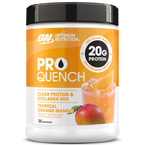 Optimum Nutrition Pro Quench 10g Clear Protein 10g Collagen peptides & Electrolyte Powder Drink Mix Tropical Orange Mango 20 Servings 520 Grams (Packaging May Vary)