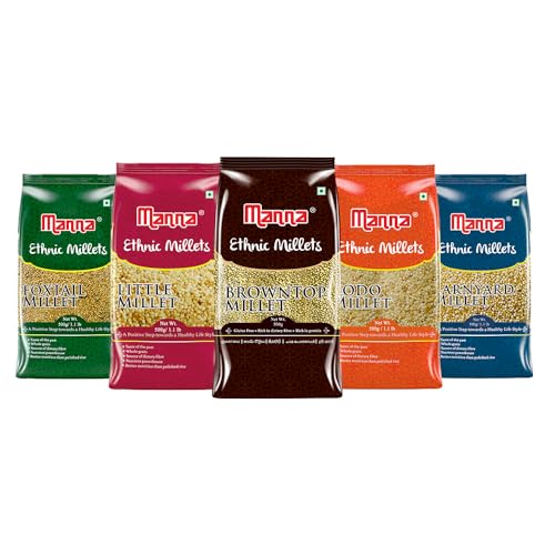 Image of Manna Millets 2.5Kg Whole Grains, Combo Pack of 5, Browntop, Foxtail, Kodo, Little, Barnyard, Certified Low GI, Unpolished Natural Grains 500g (Pack of 5)
