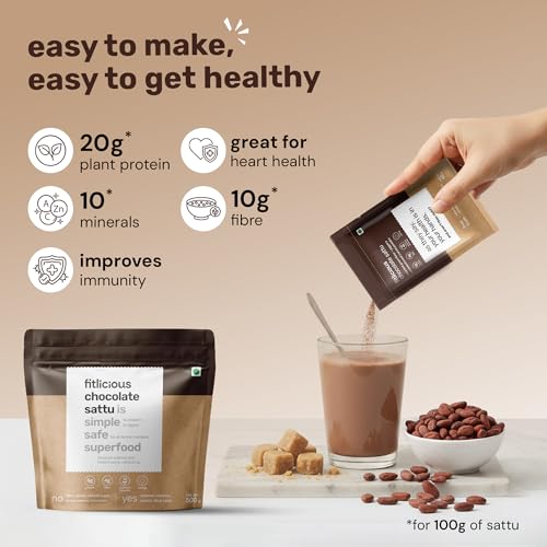 Image of fitlicious Chocolate Sattu Powder | Bihari Chana Sattu | Natural & Organic | Gluten-Free, Non-GMO | High Protein & Fiber | Instant PremiX | Healthy Drink For All Ages | Pack Of 20 X 40g Sachets