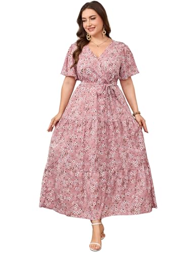 Image of ShopWonder Womens Plus Size V Neck Wrap Maxi Dress High Waist Ruffle Summer Casual Dress with Belt