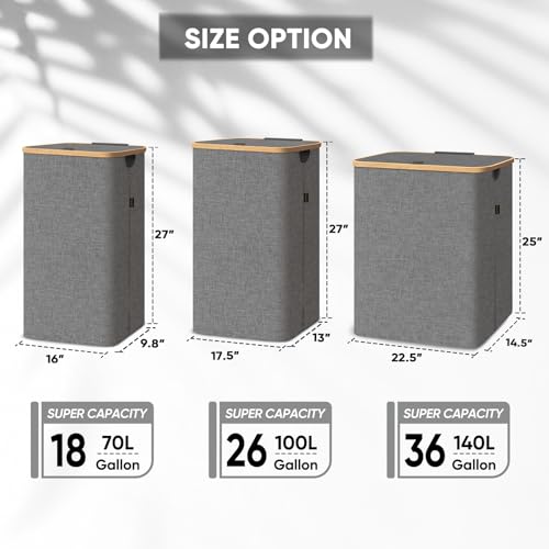 Image of BALEINE Laundry Hamper with Lid, Tall Laundry Baskets with Bamboo Pull Handles, Large Laundry Bin with Internal Support (36 Gal /140L, Grey)