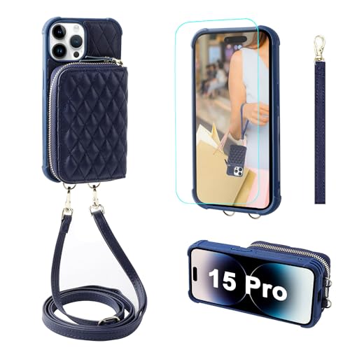 MONASAY Zipper Wallet Case Compatible for iPhone 15 Pro,[Glass Screen Protector ][RFID Blocking] Flip Leather Handbag Phone Cover with Card Holder&Detachable Crossbody Lanyard Strap, Dark blue