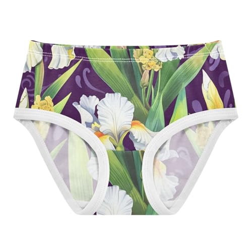 White Iris Flowers Green Leaves Purple Panties for Girl Toddler Underwear Floral Cotton Fun Briefs Underpants 2t
