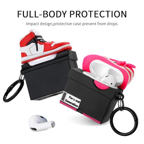 Image of [2Pack] Gedicht for Apple Airpods 2nd Generation Case Cover, Cute Cartoon Shoe Box Soft Silicone Protective Cases for AirPods 1&2 Case with Keychain for Women Men, Red+Rrose Red