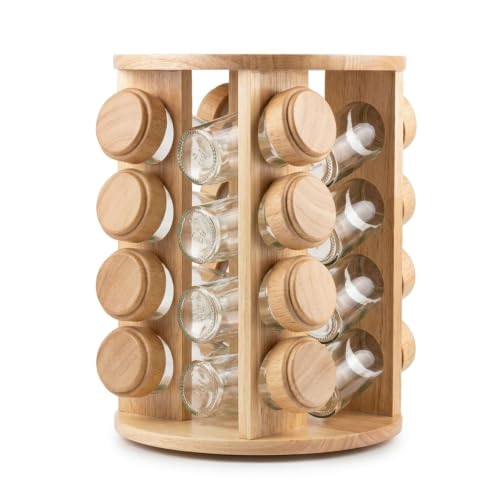 SMILEDRIVE® 12 Jars Rotating Spice Rack | 12 Glass Jars | Wooden ...