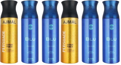 Image of Ajmal 1 Persuade for Men & Women and 2 Blu Homme for Men Deodorants each 200ML Combo pack of 6 (Total 600ML)