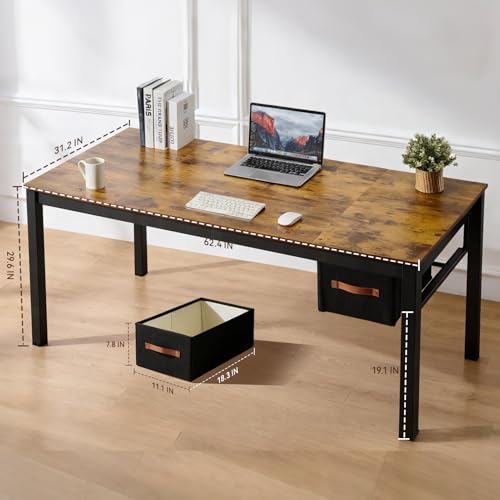Computer Desk with Drawer, 63 Inch Large Home Office Work Desks, Modern Writing Study PC Desk Gaming Table for Bedroom Home, Stable Thick Metal Legs Frame Support (Rustic Brown) - Image 4