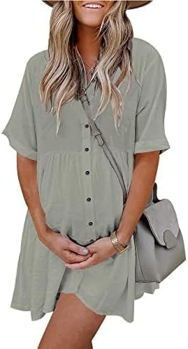 Image of PYGFEMR Women's Short Sleeve Babydoll Dress Button Down Dresses with Pockets