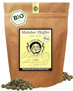 UNCLE SPICE® Bio grüner Malabar Pfeffer 120g – Luftgetrocknet, ganz – Naturbelassener Pfeffer, feinwürzig & aromatisch – Ideal für Fisch, Fleisch, Gemüse, Salate – Vegan, für die Mühle, DE-ÖKO-005