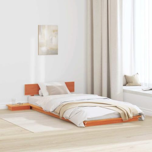 vidaXL Struttura Letto a Terra con Tavolini Marrone Cerato 100X200Cm Legno Massello Piattaforma Singolo Stile Giapponese Pino Stoccaggio per Bambini e Adulti