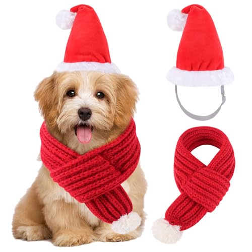 QKURT Pet Christmas Hat and Scarf Set, Dog 3D Santa Hat Adjustable Knitted Scarf Holiday Outfit Costumes for Small Medium Large Dogs Cats Pets