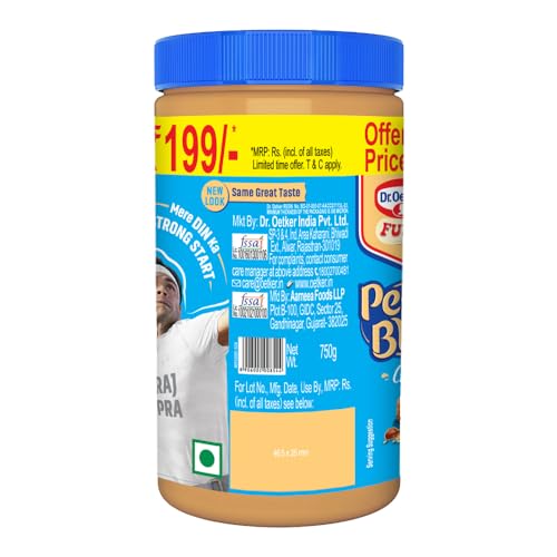 Image of Dr. Oetker FunFoods Peanut Butter Crunchy,750G|91% Roasted Peanuts|25% Protein per 100G|Source Of Vitamin E,B3 & B6|Nutty & Sweetened Nut Butter|Plant-Based Protein Spread