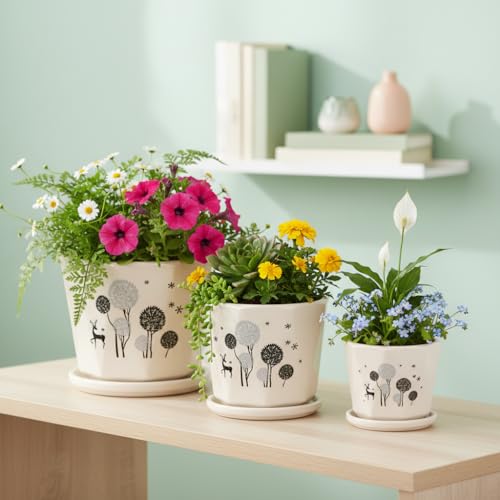 Image of Xtore Elegant Botanical Ceramic Planter Set with Drainage Saucers | Decorative Indoor Flower Pots for Living Room, Balcony, Office Desk & Tabletop Gardening (Set of 3, Ivory Beige - Planters only)
