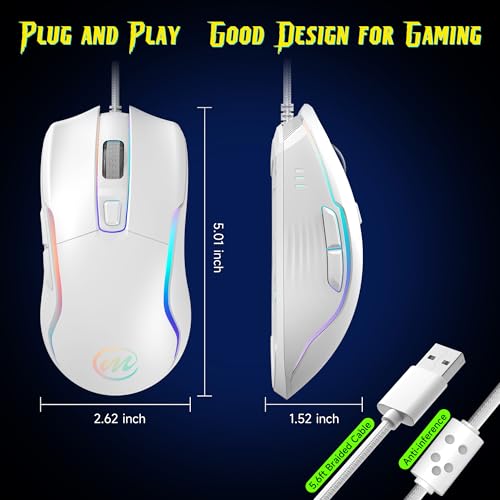 Image of memzuoix Wired Gaming Mouse with RGB - 6 Adjustable DPI up to 12800, 6 Buttons, 12 Lighting Modes, Ergonomic Design with Anti-Slip Rubber Wheel, 5.6ft Braided Cable for PC /Mac /Windows - White