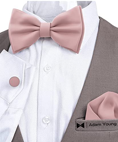 Adam Young Men's Bow Ties with Handkerchief & Cufflinks Pre-Tied Style Formal Satin Classic Bowtie for Tuxedo Faux Silk4