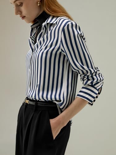 LilySilk Womens 100% Silk Shirt Ladies Blue White Pinstripes Blouse with V Neck and Long Sleeve Work Casual All Season3