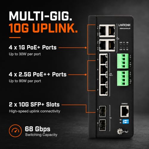 Image of Lantronix Switch - SISPM1242-582-LRT - Wired - 10Gbps - Networking / Ports Qty: 11 - Gigabit Ethernet - 52 - 57VDC - (4) 10 /100 /1000 Mbps, (4) 100 /1G /2.5G RJ-45 ports, (2) 1G /10G SFP slots, (1) Con...
