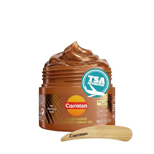 Carroten Shimmer Tanning Gel | Travel Size Tan Accelerator & Body Bronzer | Non-Greasy Water-Resistant with Carrot & Coconut Oil | Vitamin A&E for Moisture & Hydration | TSA Approved | 1.7oz + Spatula