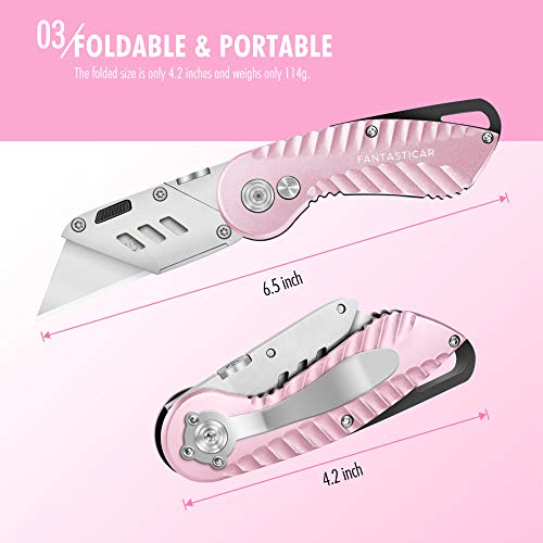 Fantasticar Folding Utility Knife, Box Cutter Plume Type Metal Body, With Safety Lock And 5-Piece Extra Blades (Pink) #TOP2