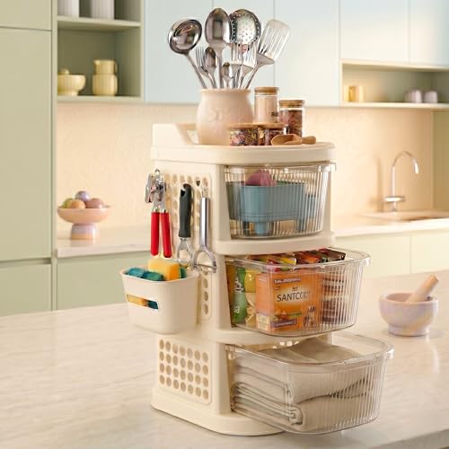 Image of TEX-RO 3 Layer Plastic Drawer Cabinet with Wheels & Side Hooks | Stackable Storage Trolley Organiser for Kitchen | Multipurpose Drawers Organisers Rack with Basket - Transparent And Ivory