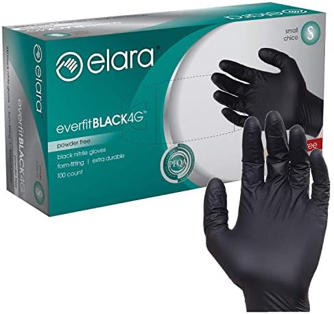 Elara FNE401BK EverfitBLACK4G Nitrile Disposable Gloves, 4 mil, Black, Powder Free, Food Safe, Non-Latex, Size Small, Box of 100, (Model: FNE401BK-100)