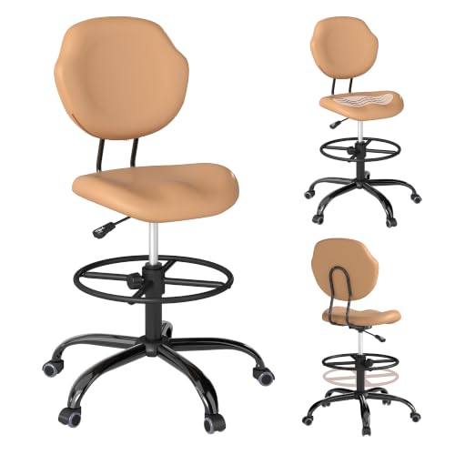 Image of Drafting Chair with Back Support, Tall Desk Rolling Stool (Khaki, Set of 1)