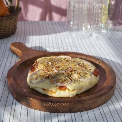 Image of WSN Wooden Round Pizza Plate With Handle Bat Board (13 * 9 Inches, Brown) Rosewood Pizza BAT For Serving (4 Pcs Set)
