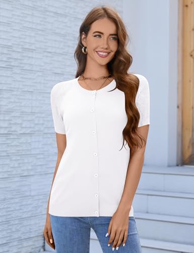 Image of FreshNight Women's 2025 Short Sleeve Cardigan Button Up Hollowed Out Crewneck Shrug Sweaters Knit Sweater Tops Lightweight