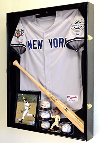 sfDisplay.com,LLC. Sports Jersey Display Case Select Your Size 98% UV Lockable 3 Sizes to Choose Uniform Jacket Frame (Black Wood Finish, Extra Deep Jersey=38x29x4.75)