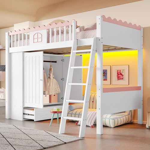 PUGSDRLY Lit Mezzanine 1 Place avec Armoire et Tiroir,Lit Mezzanine Fille 90x200cm avec éclairage...