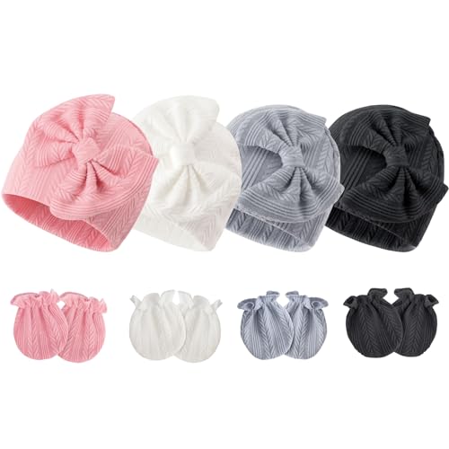 Image of BQUBO Newborn Baby Hats Bear Ears and Mittens Sets Preemie Caps Baby Boy Girl Infant Hospital Beanie for 0-3 Months