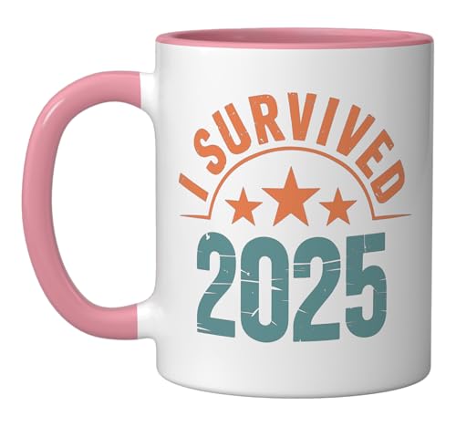 Funny New Year 2026 Shirt I Survived 2025 Ceramic Mug, Pink/White