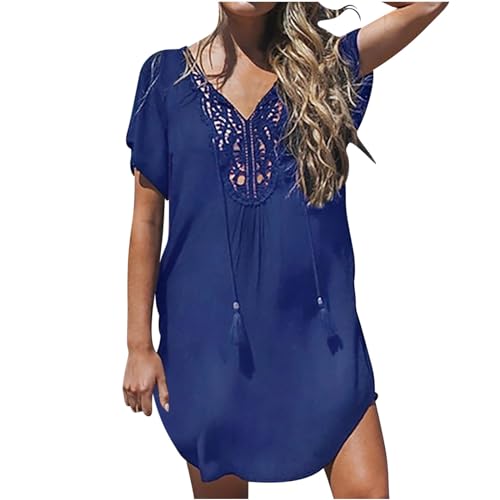 HGps8w Women's Crochet Lace Coverups Loose Lace-Up V Neck Vacation Beach Mini Dress Boho Party Swimsuit Cover Up