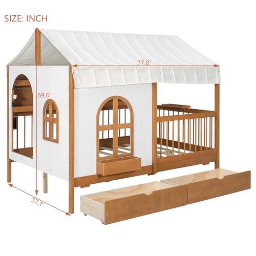 Image of Full Size House Bed with 2 Large Drawers & LED Strip Walnut-T | Side Bookshelf, Cozy Reading Nook & Playhouse for Boys & Girls Bedroom