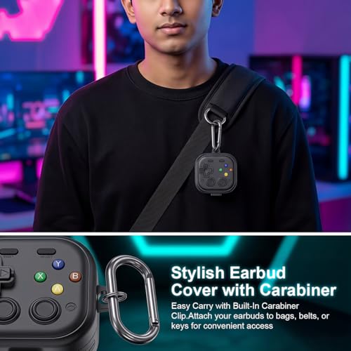 Image of ZORBES Retro Game Console Earbuds Case for Galaxy Buds 4 /4 Pro 2026, Protective Headphone Case with Secure Lock & Carabiner, Rugged Hard Shell with Cleaner Kit and Keychain for Men Boy Women, Black