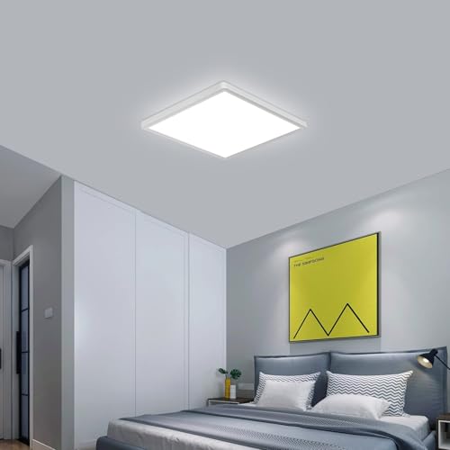 white Goeco 12 Inch Square Flush Mount LED Ceiling Light, 24W 6500K Daylight Cool White, Super Bright Surface Mount Ceiling Light Fixture for Bedroom, Living Room, Kitchen, Bathroom, Laundry Room, Closet