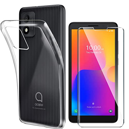 para Alcatel 1B 2022 Funda (5.5') + Cristal Templado - Transparente Carcasa y Cristales Protector de Pantalla TPU Silicona Suave Gel Caja Cover Tapa Caso Carcasa Cubierta -Clear