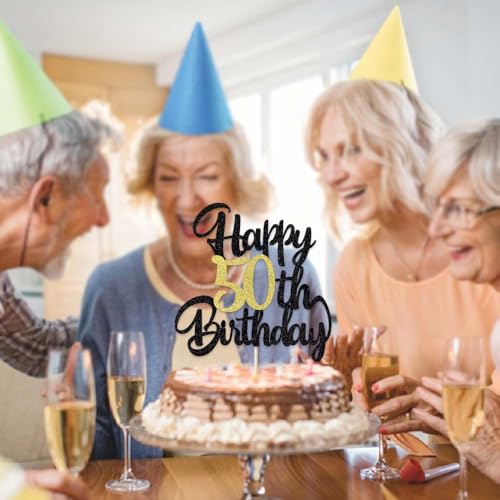 Image of 50th happy birthday cake topper happy birthday cake decoration party decoration gift plug-in photo props plug-in black gold glitter