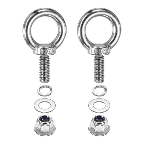 Image of PATIKIL M10 x 25mm Shoulder Eye Bolt, 2 Pcs 304 Stainless Steel Lifting Ring Threaded Eye Bolt with Flange Lock Nuts Spring and Flat Washers for Hanging Tie Down Straps Outdoor Indoor