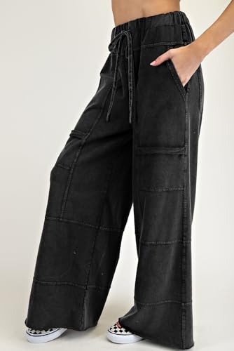 SELINK Casual Pants for Women Mineral Wash Exposed Seam Drawstring High Waist Pants Wide Leg Cargo Solid Daily Trousers3