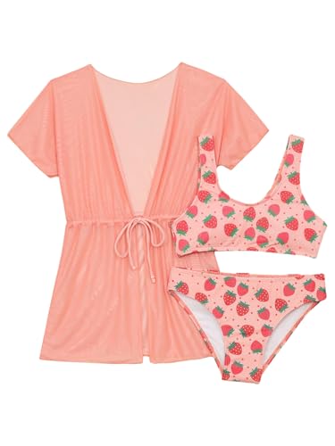 renvena Kids Girl 3 Piece Cover Up Swimsuit Cute Strawberry Print Swim Vest Kimono Set Rash Guard